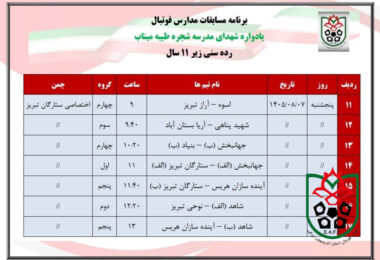 برنامه مسابقات مدارس فوتبال یادواره شهدای مدرسه شجره طیبه میناب رده سنی 11 سال استان